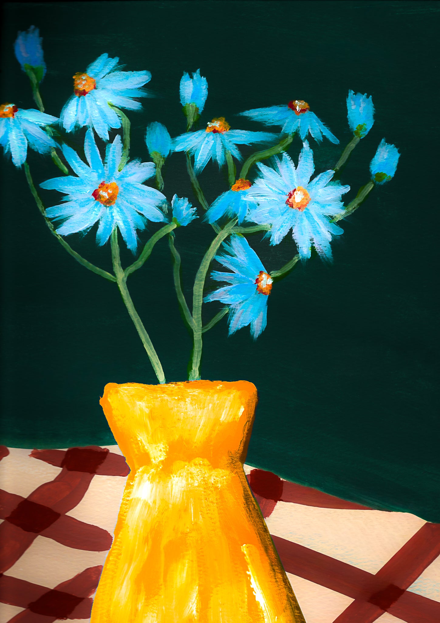 Blue flowers, yellow vase